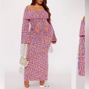 Off-Shoulder Multicolor Knit Maxi Dress